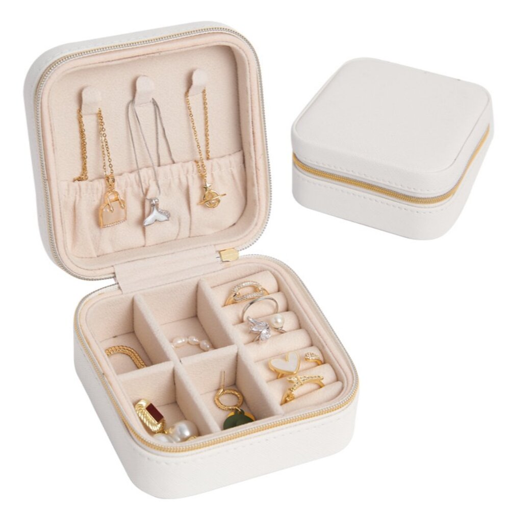 Chic Cream Jewelry Box with Gold Details